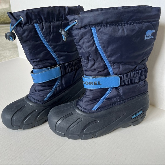 SOREL Boots KIDS Sz 4 Blue Snow Logo Spell Out Winter Outdoor Adjustable Strap - Picture 1 of 8